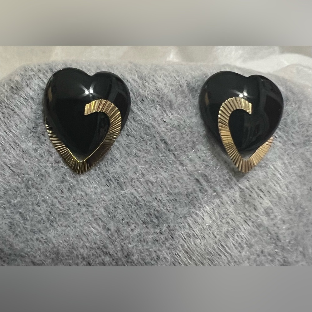 14k Yellow Gold and Onyx Heart Earrings